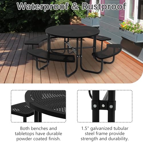 46-inch Black Round Outdoor Picnic Table with Umbrella Hole - Heavy Duty Coated Steel Metal Patio Dining Set for Garden, Courtyard, BBQ & Commercial Use - color: Black-round