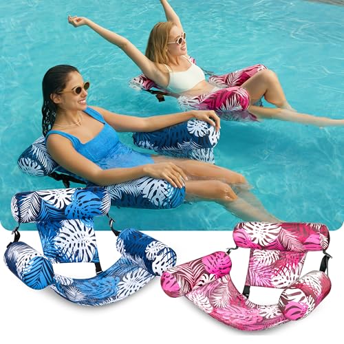 SLOOSH Inflatable Pool Floats Adult,2 Packs Floating Lounge Chairs,Blow up Pool Noodles for Adult Heavy Duty,Floating Chair for Party Summer Water Beach Lake Fun - style: Tropical Leaves-Pink,Blue