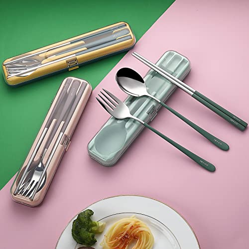 DEVICO Portable Utensils, Travel Reusable Silverware Flatware Set for Lunch, 18/8 Stainless Steel 4-Piece Camping Cutlery Include Fork Spoon Chopsticks with Case (Green) - color: Green