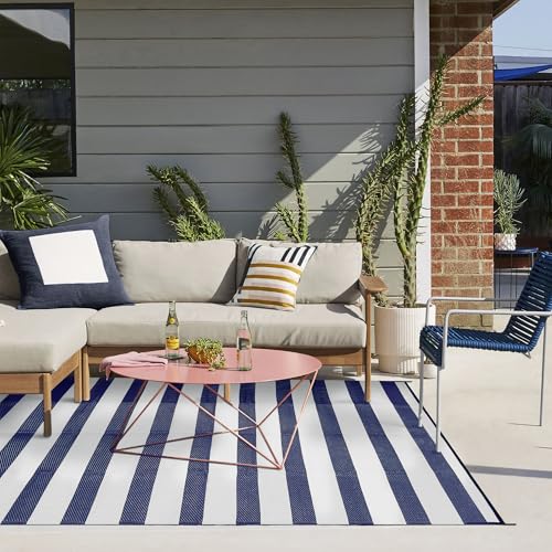 PureCozy Outdoor Waterproof Patio Rug 5x8 Plastic Straw Reversible Lightweight Outside Navy Blue Striped Large Carpet Outdoor for Camping RV Porch Deck Balcony Beach - color: Stripe | Navy Blue, size: 5' x 8' (Rectangular)