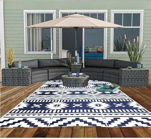 Outdoor Rugs–9x18 Plastic Patio Decor Grey Dark Blue, Durable and Affordable Recycled Straw Picnic All-Weather and Waterproof Reversible Camper Awning mats 7582 - color: Blue, Grey, size: 9' x 18' (Rectangular)