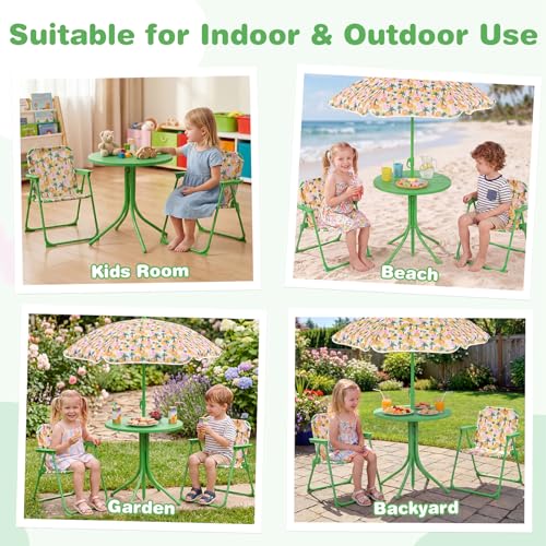 KOTEK Kids Picnic Table with Umbrella, Outdoor Table & 2 Folding Chairs, Cute Pattern Children’s Patio Furniture, Portable Kids Table and Chair Set for Backyard, Garden, Beach (Green Forest) - color: Green Forest