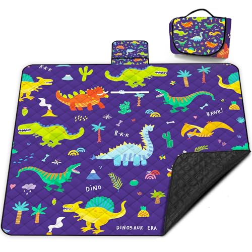 Extra Large Picnic Blanket Waterproof,80"x 80"Foldable Machine Washable Beach Blankets,Outdoor Blanket for 6-8 Adults,Picnic Mat Suitable for Indoor Crawling,Park Beach,Camping,Hiking,Travel（Dinosaur) - color: Blue Dinosaur, size: 6'8" x 6'8" (Square)