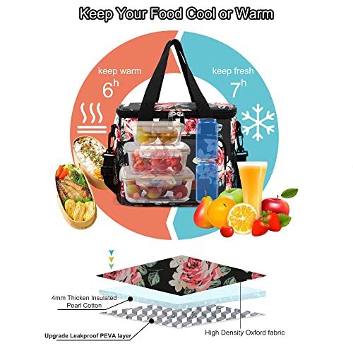 Femuar Lunch Bags for Women/Men, Insulated Lunch Bag for Work Office Picnic - Lunch Cooler Bag Leakproof Lunch Box with Adjustable Shoulder Strap - Black Floral - color: Black Foral, size: Medium Size