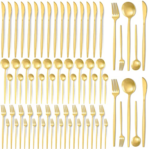 60 Pieces Stainless Steel Tableware Set Silverware Set Flatware Cutlery Utensils Spoon Fork Knives Service for 12 for Home Restaurant Apartment and Kitchens(Gold) - color: Gold