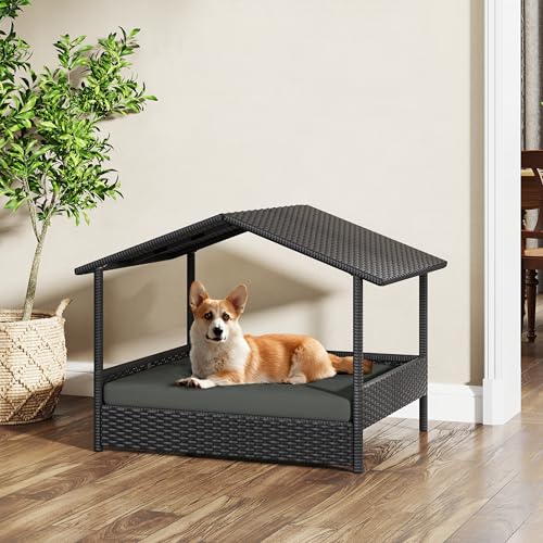 Yaheetech Wicker Dog House Outdoor Indoor with Canopy, Elevated Dog Shelter Dog Bed with Cushion for Small/Medium Dogs, Shade for Deck, Patio, Yard, Pool, Black House, Gray Cushion