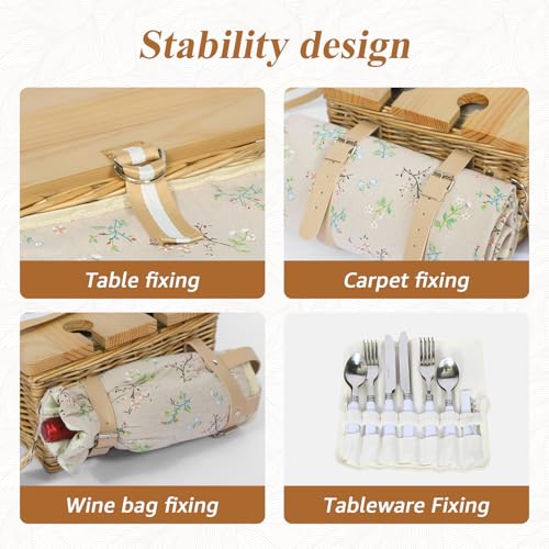 Picnic Basket for 4 with Folding Table, Large Wicker Picnic Basket Set with Waterproof Blanket and Wine Pouch, Insulated Willow Hamper with Cutlery Kit for Camping, Couples, Wedding Gift - color: Beige
