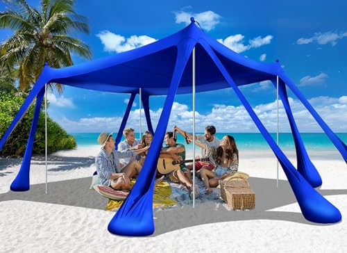 Beach Tent Sun Shelter Beach Canopy Tent Sun Shade Pop Up 10x10 UPF50+ with 8 Sandbags-2 Sand Shovel-Portable 4 Aluminum Poles-Ground Pegs-Easy Setup for Outdoor Family Camping Fishing Picnic - color: Navy