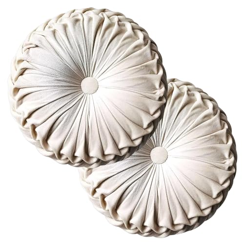 Teieas 2 Pcs Round Throw Pillows Decorative Pumpkin Velvet Boho Pleated Bed Pillows Back Support for Couch Chair Dorm Car 14.96'' (Beige) - color: Beige