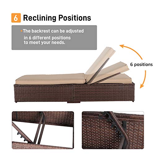Patiorama Patio Chaise Lounge Chair, Sun Lounger, Outdoor Pool Beach Brown PE Rattan Wicker Reclining Chair W/Adjustable Backrest, Weather Cover, and Removable Cushion (Beige) - color: Brown