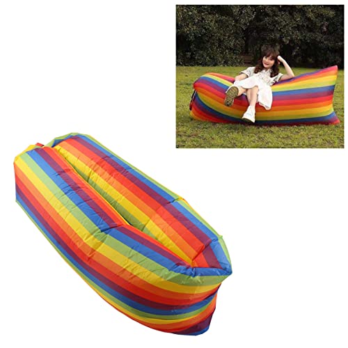Inflatable Sofa, Portable Inflatable Lounger Couch with Tear 190T Polyester Fabric, No Pump Needed Wind Fill Design, Includes Storage Bag for Camping Garden (Rainbow) - color: Rainbow
