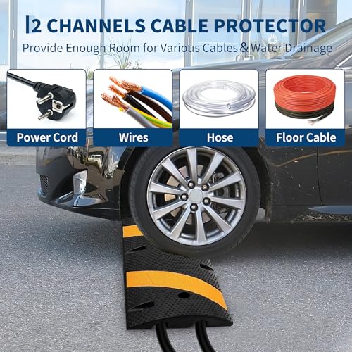 6FT (72") Rubber Speed Bump, 2-Channel Cable Protector Ramp, 1 Set (1 Bump + 2 End Caps), Heavy Duty Industrial Grade for Driveway, Parking Lot, Road