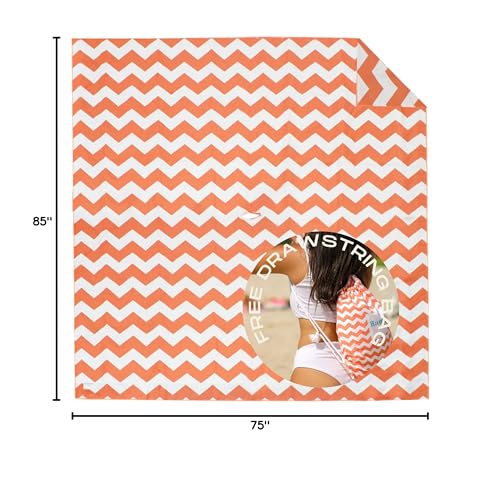 Plush Microfiber Beach Blanket, Extra Large Beach Mat for 3-6 Persons, Sandproof, Windproof | Hole for Umbrella, Corner Sand Pockets to Fight Wind (Bag for Blanket Included) - color: Peach & Chevron, size: X-Large
