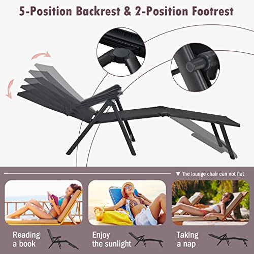 Tangkula Folding Lounge Chair Outdoor, Recliner Chaise Lounge with 5-Position Adjustable Backrest & 2-Position Footrest, No Assembly Required, Suitable for Patio Poolside Beach Yard (1, Black) - color: Black
