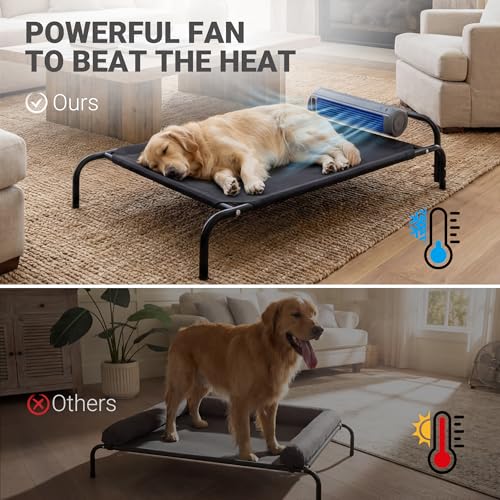 Tailwaggz Elevated Outdoor Dog Bed with Fan - Cooling Dog Bed for Large Dogs, Waterproof Cot Easy to Assemble, 3 Wind Speed, Raised Dog Bed with Washable Mesh Cover, Durable, Non Slip, Up to 85 lbs - size: Medium
