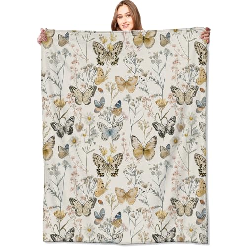Vintage Butterfly Floral Blanket Elegant Retro Wildflowers Throw Blankets Gifts for Girls Women Adults Lightweight Soft Fleece Cozy for Sofa Couch Bed Room Travel Birthday Party Decor 50x60in - color: Butterfly 02, size: 50x60in