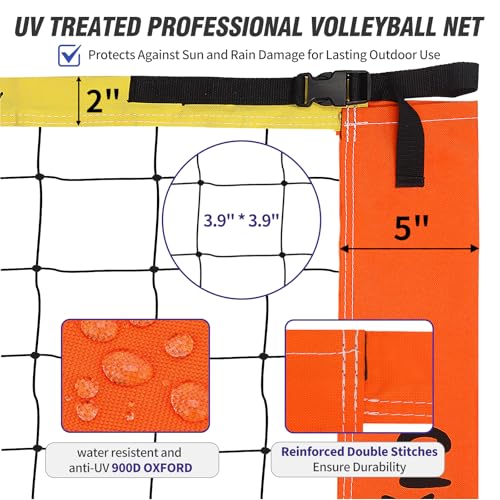 Outdoor Volleyball Net Set for Backyard Beach with 1.25“ Adjustable Poles, Anti-Sagging 28-ply PE Net, PU Volleyball & Pump, Large Portable Carry Bag