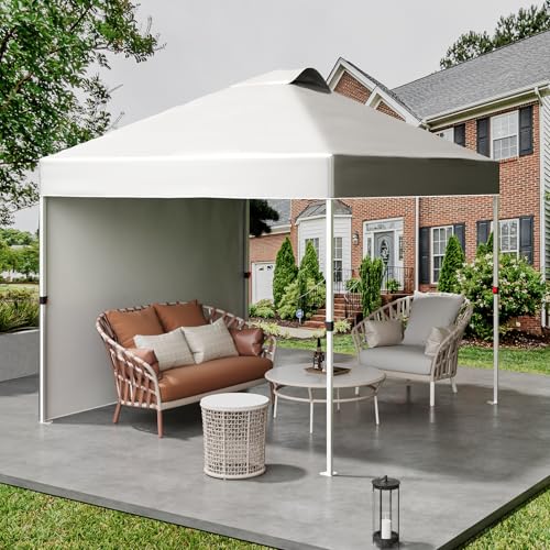 10x10 Ft Pop Up Canopy Tent with 1 Sidewall, Instant Portable Shelter with Vented Roof and Wheeled Carry Bag, Outdoor Sun Shade for Beach, Camping, Patio, Bonus 4 Canopy Sand Bags, White - color: White, size: 1 Side Wall