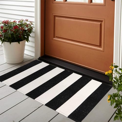 LEEVAN Black and White Rug 2X3, Washable Black Door Mat Cotton Woven Front Porch Rugs, Layered Door Mats Outdoor Welcome Indoor Door Mats, Farmhouse Go Away Doormat Door Mat Indoor Entrance Rug - color: Black and White Stripes, size: 2' x 3' (Rectangular)