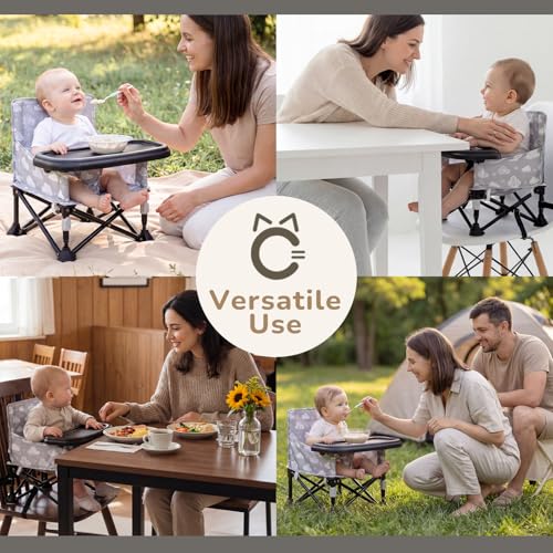 Toddler Booster Seat for Kitchen Chair & Travel - Portable Foldable with Removable Tray, Baby Camping Chair 6-36 Months Indoor Outdoor (White Cloud Design) - color: White Cloud Booster Seat