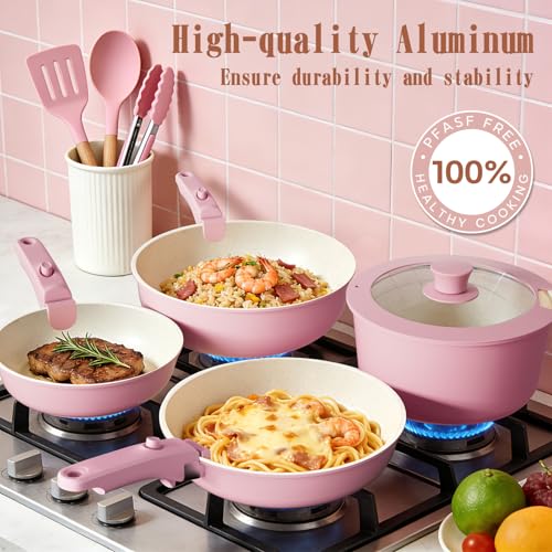 Umite Chef Pots and Pans Set Non Stick, 21 pcs Nonstick Ceramic Cookware Set, RV Kitchen Cooking Set with Detachable Handles, Oven Safe, Induction Cookware, Stackable, Pink, PFAS PFOA & PTFE Free - color: Pink