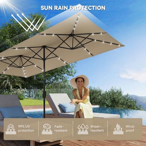 15×15ft Outdoor Patio Umbrella, Double Sided Market Rectangle Umbrella with Crank Handle, Large Sun Shade for Outside Deck, Backyard, Garden - color: Beige with LED lights