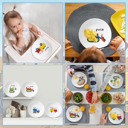 4 Set 10 Inch Construction Truck Plates Melamine Construction Truck Dinnerware Set Reusable Baby Shower Vehicle Melamine Plate Dishwasher Safe for Toddlers Creatively Drop Resistant Cute Plastic Dish - style: Construction Truck