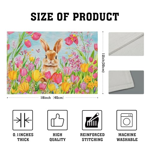 Easter Bunny Placemats Set of 4, 12x18 Inch Colorful Painting Tulip Flowers Rabbit Place Mat Heat Resistant Washable Rectangle Dining Table Mat Farmhouse Kitchen Holiday Decor - color: Bunny Tulip Flowers