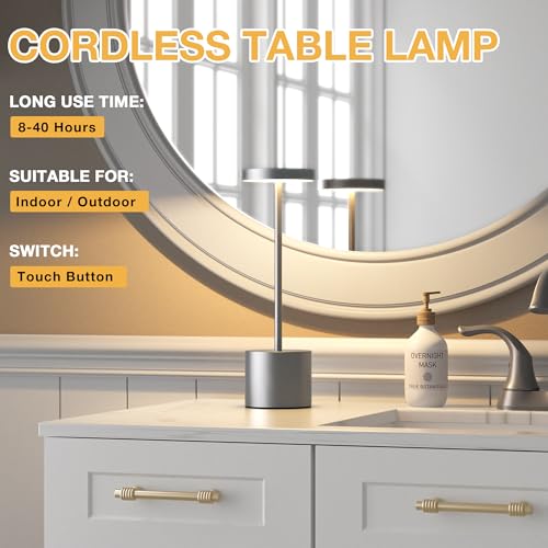 Kakanuo Grey Rechargeable Cordless Lamp - Touch Control, 3 Color Temperature, Wireless Battery Operated Lamps, Stepless Dimmable, Set of 2 - color: Gray