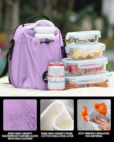 Sports Rabbit Insulated Lunch Bag for Women – Front Pocket Compatible with 40/30OZ Owala Bottles – Leakproof Cooler Tote, Water-Resistant Wax-Coated Oxford – Perfect for Work, Travel, Picnics (Purple) - color: Purple