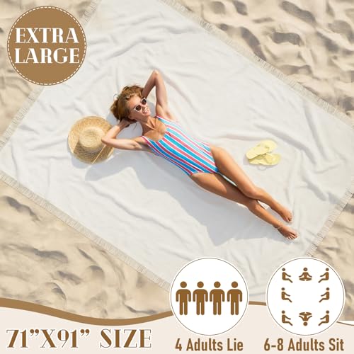 Giant Beach Blanket with Fringe 91 x 71 Inch Waffle Woven Cotton Oversize Yarn Outdoor Picnic Blanket Bohemia Sandproof Beach Towel for Spring Summer Camping Accessories(Milky White)