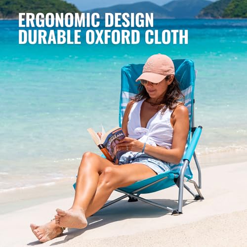 VILLEY Low Beach Chair, High Back Folding Chair for Adults, Lightweight and Portable for Outdoor, Camping, Lawn, Music Festival, with Cup Holder and Carry Bag - Blue Stripes - color: Blue Stripes