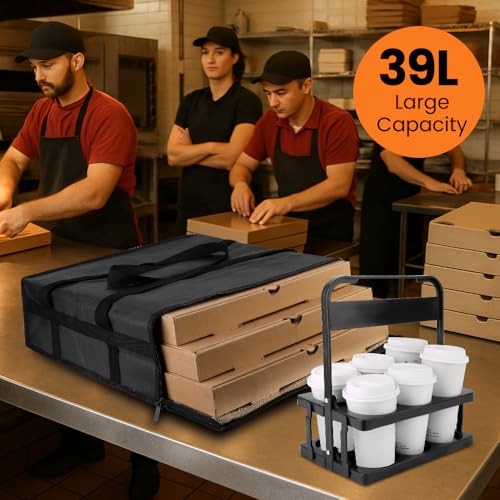 Bodaon Insulated Pizza Bags for Delivery & Plastic Portable Drink Carrier, 20" x 20" x 6" Thermal Food Carrier for Hot and Cold Food, Large Warming Bag for Catering and Delivery, 1-Pack - color: Black Bag with Drink Carrier, size: 20" x 20" x 6"