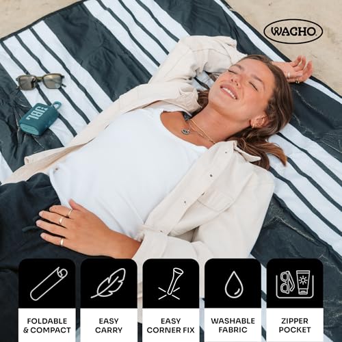 Wacho Beach Blanket Waterproof Sandproof and Picnic Blanket - Large Outdoor Blanket for Camping, Beach & Travel - Foldable Picnic Mat with Carry Bag - Beach Essentials – Black & White - color: Black and White