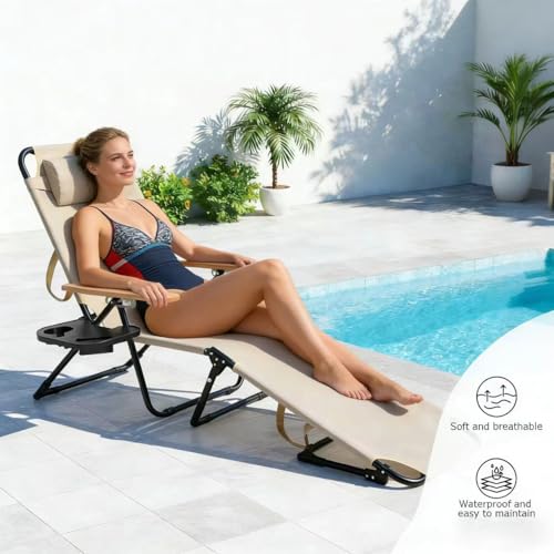 Foldable Chaise Lounge Chair Outdoor, Tanning Chair with 4-Position Reclining Back, Folding Sun Lounger, Outdoor Lounge Chair for Beach, Poolside, Backyard, Camping, UPF 50+, 300 LBS - color: Beige