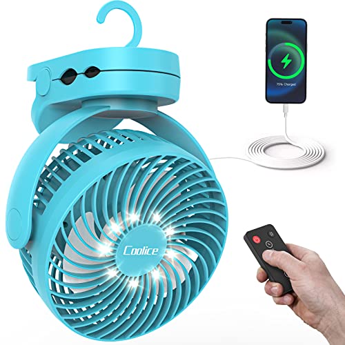 Camping Fan with Remote Control - 12000mAh Rechargeable Battery Powered Fan, Camping Fans for Tents with LED light & Hanging Hook, Rechargeable Battery Operated Ceiling Fans for Tent RV Bed, Blue - color: Blue
