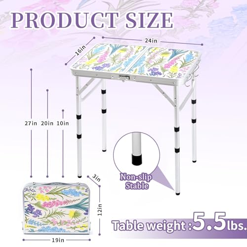 Folding Camping Table 2ft Portable Picnic Table Adjustable Height, Small Lightweight Aluminum Foldable Card Table,Hands-Free Carry for Outdoor Camp BBQ Beach (Blooming Floral with Shoulder Strap) - color: Blooming Floral, size: 24"l X 16"w X 27"h With Sho