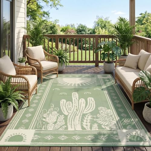 Garvee Waterproof Outdoor Rug 5x8, Cactus Botanical Outdoor Plastic Straw Rug for Camping, Reversible RV Mat Outside, Indoor Outdoor Carpet for Porch, Deck, Backyard, Balcony, Picnic, Sage Green - color: Sage Green & Beige, size: 5' x 8' (Rectangular)