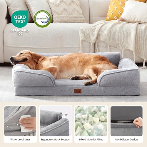 Orthopedic Dog Beds for Large Dogs, Waterproof XL Pet Couch Bed with Soft Sides, Washable Dog Sofa with Flannel Removable Cover, 42" L Supportive Egg-Crate Foam Pet Sofa, Light Grey - color: Light Grey, size: 42"l X 30"w X 12.5"th