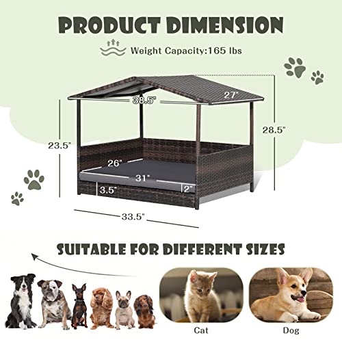Giantex Wicker Dog House, Raised Rattan Dog Bed with Waterproof Roof, Washable Cushion Cover, Steel Frame, Indoor Outdoor Elevated Dog Bed Pet House for Small Medium Dogs Cats, Easy Assembly - style: Brown House & Gray Cushion