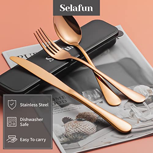 4-pieces Travel Set with Case Portable Silverware Utensils Set for work, Stainless Steel Reusable Flatware Set Cutlery Set for Camping Picnic Hiking Office (8inch, Rose Gold) - color: Rose Gold, size: 8 inch