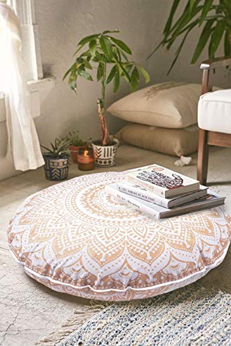 Indian Mandala Cotton Handmade Gold Ombre Round Floor Pillow Ethnic Floor Cushion Case Yoga Mat 32 x 32 Inch Kids Bean Bag Pet Dog Bed Car Chair Sofa Ped