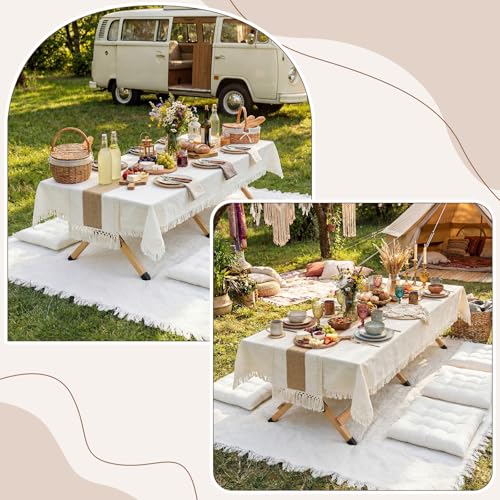 Novabright 10 Pcs Picnic Kit Folding Picnic Table 59'' x 20.5'' Large Outdoor Boho Blanket 91'' x 71'' Beige Table Runner 6 Floor Pillows Cushions Woven Cotton Oversize Washable for Camp Wedding