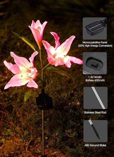 Brightown Solar Lights Outdoor, 4 Pack Solar Garden Lights with Larger & More Realistic Lily Flowers, Waterproof Outdoor Solar Lights for Yard Patio Lawn Pot Decoration - color: Lily