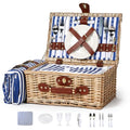 Wicker Picnic Basket for 2 with Waterproof Picnic Blanket and Insulated Bag Classic Blue and White Star Stripes Pattern for Soccer Game, Camping, Travel, Birthday Gift, Wedding Gift - color: Blue and White Stars