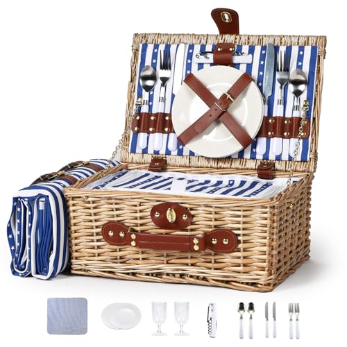 Wicker Picnic Basket for 2 with Waterproof Picnic Blanket and Insulated Bag Classic Blue and White Star Stripes Pattern for Soccer Game, Camping, Travel, Birthday Gift, Wedding Gift - color: Blue and White Stars