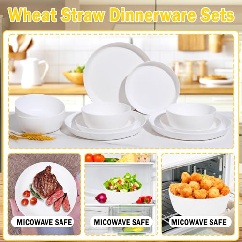EI 12pcs White Wheat Straw Plates,Wheat Straw Dinnerware Set,Plates and Bowls Sets,Unbreakable Plastic Plate,Plastic Plates Reusable,Dinner Plates Set of 4,Plastic Dishes Set - color: White Wheat Straw Plates and Bowls