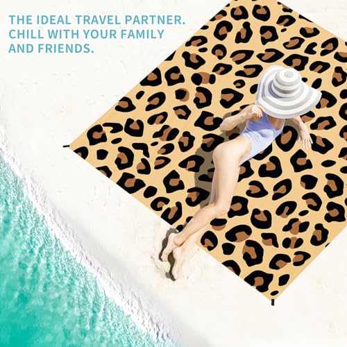 Beach Blanket 78''×81'' Suits 1-5 Adults Waterproof Sandproof Lightweight Oversized Large Picnic Mat Blanket for Beach Travel Camping Picnic Hiking - color: Leopard Print, size: 6'9" x 6'6"