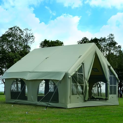 KNUO Inflatable Camping Tent, Large Blow-Up Air Tent, No Assembly Needed Luxury Glamping House, Oxford Fabric - color: Field Green-Dual-layer Doors, size: 10x10ft