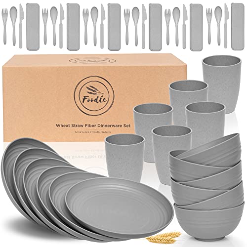 FOODLE Wheat Straw Dinnerware Set - BPA Free & Safety Certified - Unbreakable, Microwave & Dishwasher Safe - Dorm & RV Dishes - Camping Plates Cups and Bowls Set - Great for Kids & Adults - For 6 - color: Gray